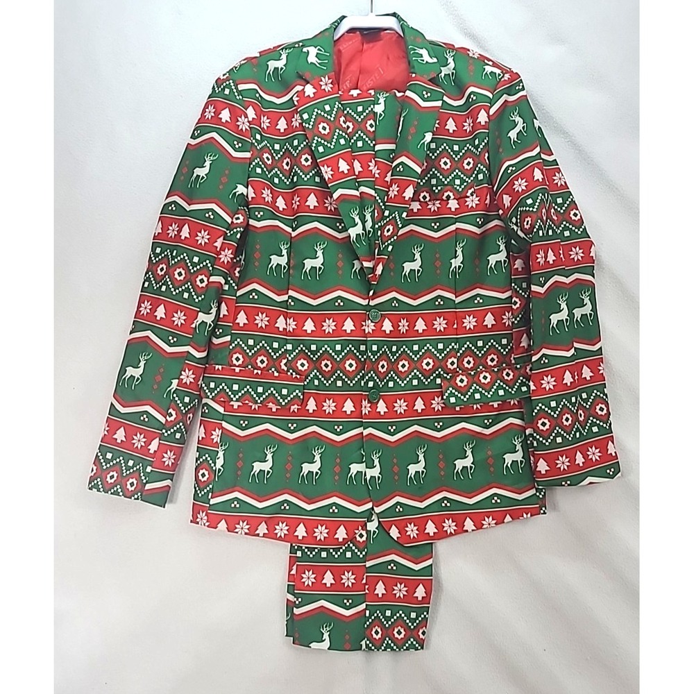 Christmas Printed Suit Sz 42‎ 44 Mens Christmas Tree Reindeer 2 pc Suitmeister